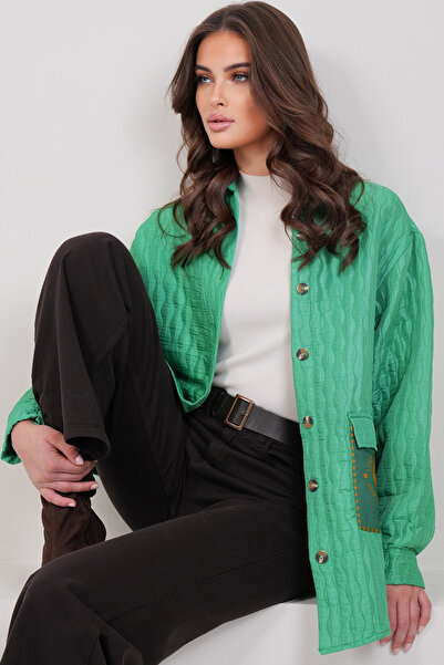 Trend Alaçatı Stili Women's Green Pocket Detailed Quilted Shirt Jacket Alc-X1...