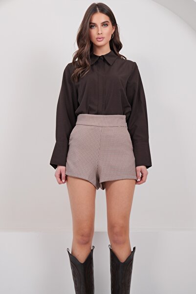 Trend Alaçatı Stili Women's Beige Plaid Patterned Shorts Alc-X14926