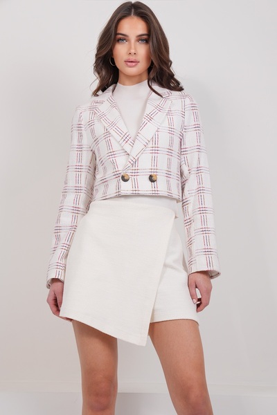 Trend Alaçatı Stili Women's White Plaid Patterned Crop Jacket Alc-X14975