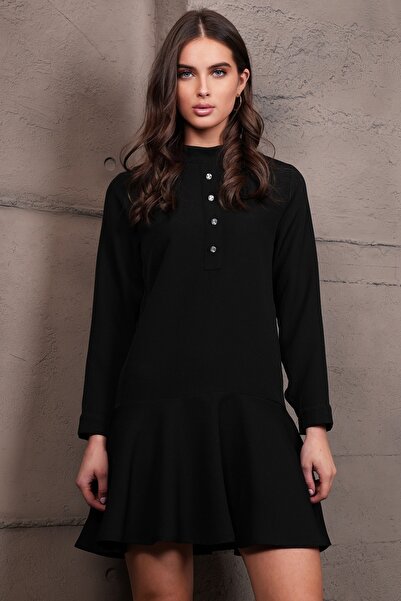 Trend Alaçatı Stili Women's Black Crew Neck Button Front Mini Length Dress Al...