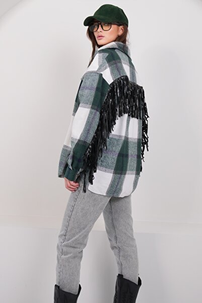 Trend Alaçatı Stili Γυναικείο πράσινο δερμάτινο παλτό με φούντες με τσέπες AL...