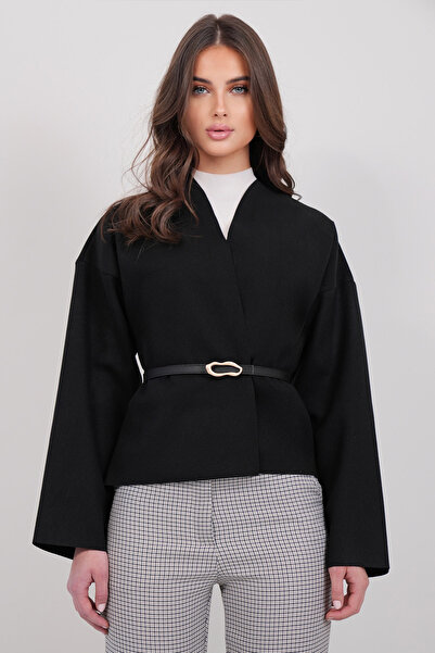 Trend Alaçatı Stili Women's Black Belted Cashmere Jacket Alc-X14925