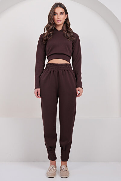 Trend Alaçatı Stili Women's Bitter Brown Hooded Crop Sweatshirt and Stitching...