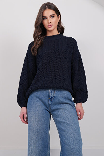 Trend Alaçatı Stili Women's Navy Blue Half Turtleneck Oversized Knitwear Swea...