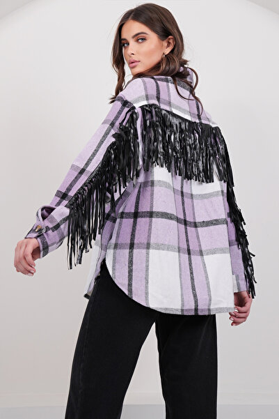 Trend Alaçatı Stili Jachetă cămașă pentru femei, liliac, din piele, cu buzuna...