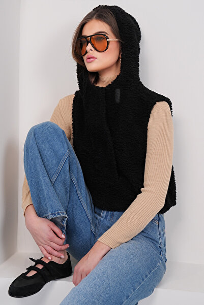 Trend Alaçatı Stili Women's Black Snap Closure Plush Blouse Alc-X14941