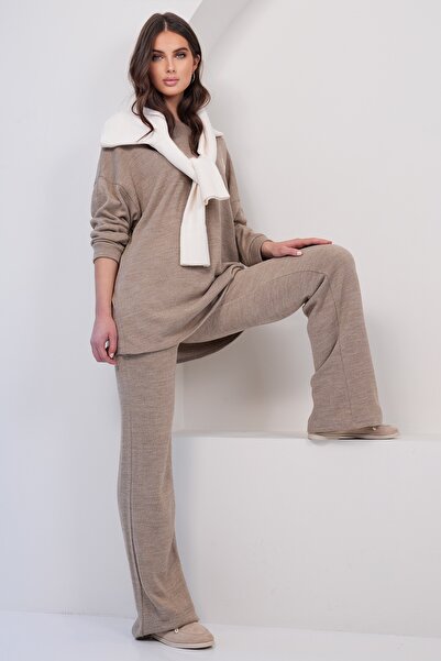 Trend Alaçatı Stili Kadın Vizon Bisiklet Yaka Oversize Triko Kazak Ve Pantolo...