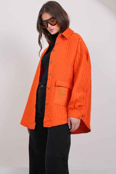 Trend Alaçatı Stili Jachetă cămașă matlasată cu buzunar portocaliu pentru fem...