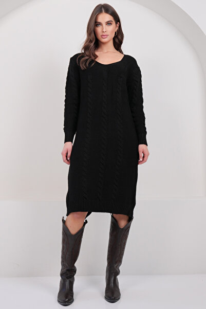 Trend Alaçatı Stili Women's Black V-Neck Midi Length Knitwear Dress Alc-X14973