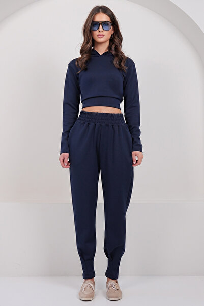 Trend Alaçatı Stili Women's Navy Blue Hooded Crop Sweatshirt and Stitching De...