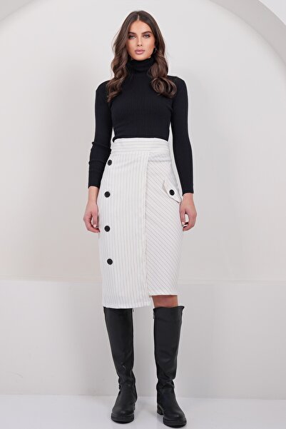 Trend Alaçatı Stili Women's White Striped Wrap Cut Ornamental Pocket Unlined ...