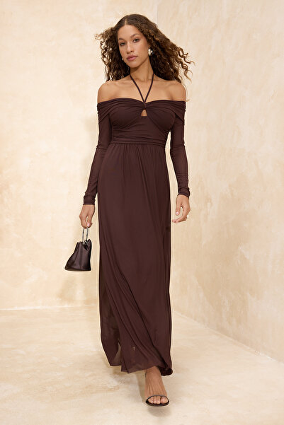 Trendyol Collection Brown Tulle Halter Neck Skirt Split at Waist Maxi Evening...