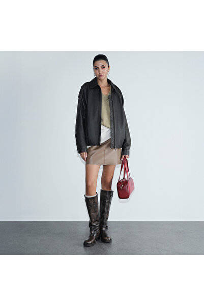 Desa Women's Black Shirt Collar Leather Bomber Jacket