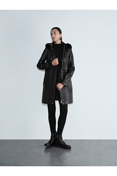 Desa Women's Black Hakim Collar Hooded Leather Coat