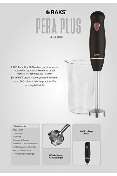 Raks Pera Plus 1700 Watt Paslanmaz 4 Bıçaklı 600 ML.Ölçme Kabı ve Kahvaltı Bı...