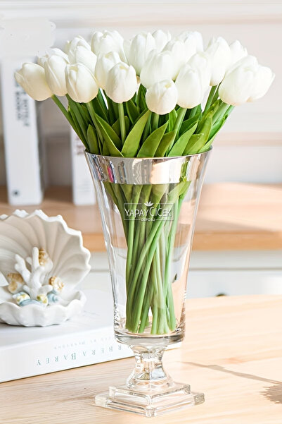 Yapay Çiçek Deposu Yapay 8li Islak Lale Buketi Gerçek Doku Beyaz