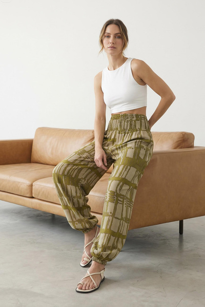 Trendyol Collection Khaki Ethnic Patterned Shalwar Form Woven Trousers with E...