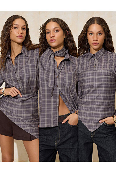 Trendyol Collection Multi-Colored-Brown Detachable Scarf Detailed Shirt Twoss...