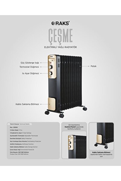 Raks Çeşme 11 Dilim Yağlı Radyatör 2300 watt Devrilme Emniyetli Termostatlı 3...