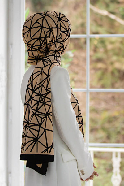 Vissona شال حرير المدينة الفاخر بنمط هندسي أسود - أبيض اللون 75X195 شال غير ق...