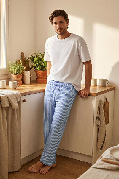 Trendyol Collection Blaue, weit geschnittene, gestreifte, gewebte Hose, Pyjam...