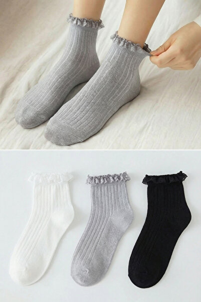 Trendyol Collection Опаковка от 3 многоцветни памучни плетени чорапи с флорал...