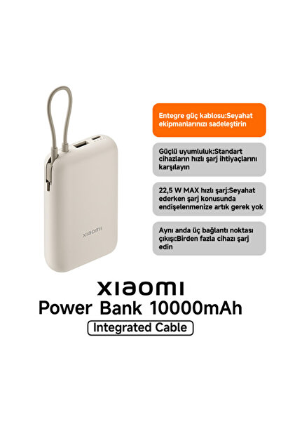Xiaomi Power Bank 10000mAh Krem Entegre Kablo USB ve USB-C Portu 22.5W BHR9072GL