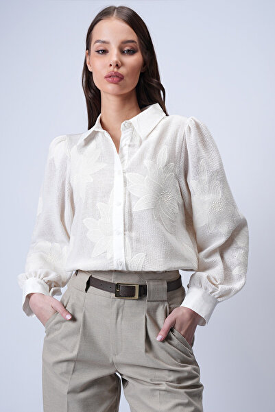 Trend Alaçatı Stili Women's Beige Woven Embroidered Linen Shirt with Collar a...