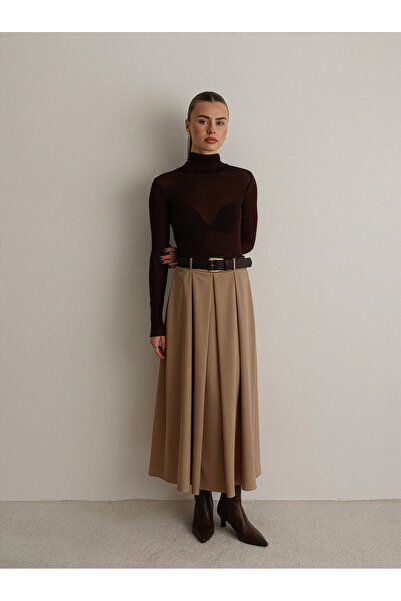 Trendyol Collection Beige Belted A-Line Flared Woven Maxi Long Skirt Twoaw26E...