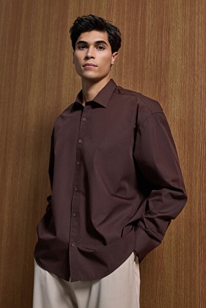 ablukaonline Men's Oversize Long Sleeve Basic Shirt Brown