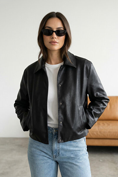 Trendyol Collection Black Regular Faux Leather Jacket Slim Coats Twoaw26Mo00007