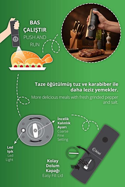 Kiwi Pilli Işıklı Tuz Karabiber Değirmeni Otomatik Baharat Öğütücü Kspg-4849