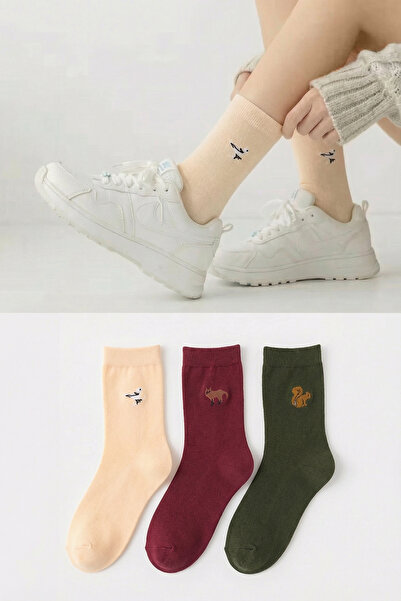 Trendyol Collection Многоцветни 3 пакета от памучни плетени чорапи с бродерия...