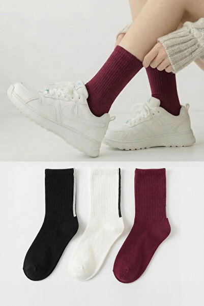 Trendyol Collection Schwarz-weiß-burgunderrote 3-teilige gestreifte Stricksoc...