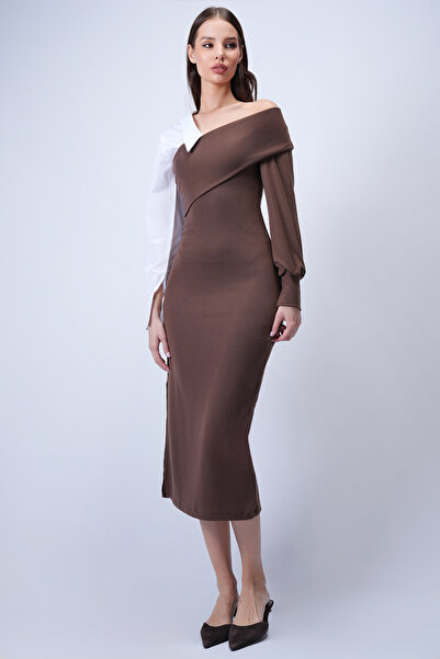 Trend Alaçatı Stili Women's Brown Shirt Collar Detailed Midi Dress Alc-X15046