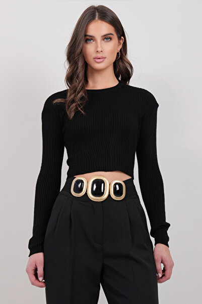 Trend Alaçatı Stili Дамска черна плетена блуза с апликация с цветя и лодка де...