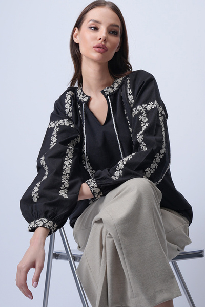 Trend Alaçatı Stili Women's Black Judge Collar Balloon Sleeve Embroidered Wov...