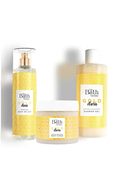 THE BATH FACTORY Gold Aura Duş Jeli + Gold Aura Peeling + Gold Aura Vücut Spreyi