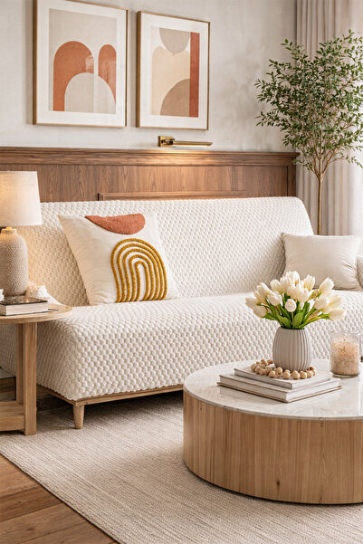 Çeyiz Diyarı Sofa Cover Plush Non-Slip Base Seat Cover 170X215 cm Cream