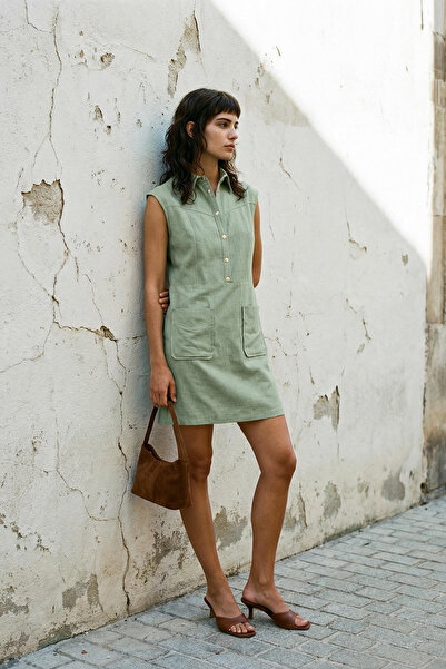 Trendyol Collection Rochie mini țesută, cu croială dreaptă, cu buzunar, guler...