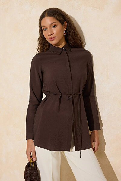 Trendyol Modest Brown Lilyum Soft Fabric Woven Shirt with Belt Detail at Wais...
