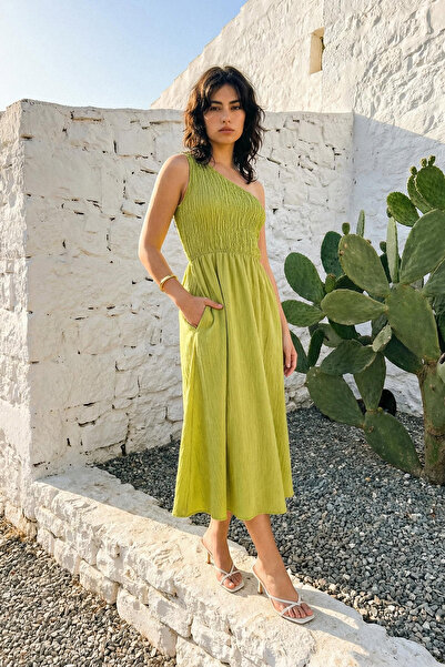 Trendyol Collection Зелена спідниця міді ткана сукня з відкритою талією Gipel...