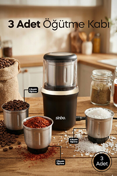 Sinbo SCM-9037 3 Hazneli Çok Amaçlı Öğütücü – Kahve & Baharat | Siyah Gold