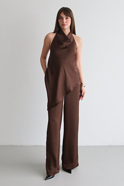 Trendyol Collection Brown Degaje Collar Asymmetric Cut Satin Blouse Pants Par...