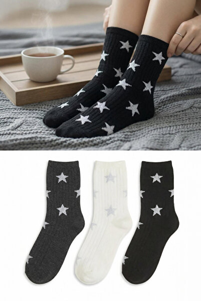 Trendyol Collection Czarne-antracytowe-ekru 3-gwiazdkowe skarpetki z dzianiny...