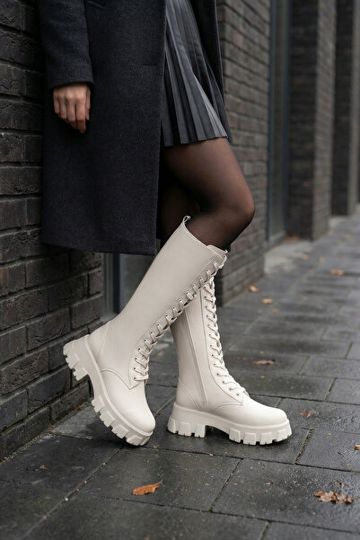 DARK SEER Ds Hera Beige Women's Heeled Zippered Lace-Up Boots Casual Shoes Wi...