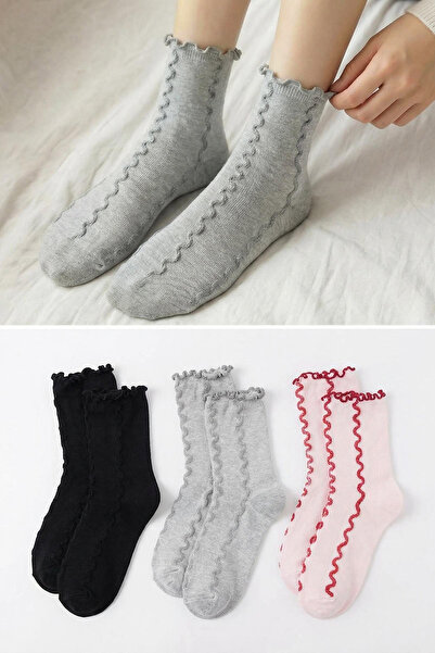 Trendyol Collection Black-Pink-Gray 3-Pack Cotton Stripe and Rubber Mouth Let...