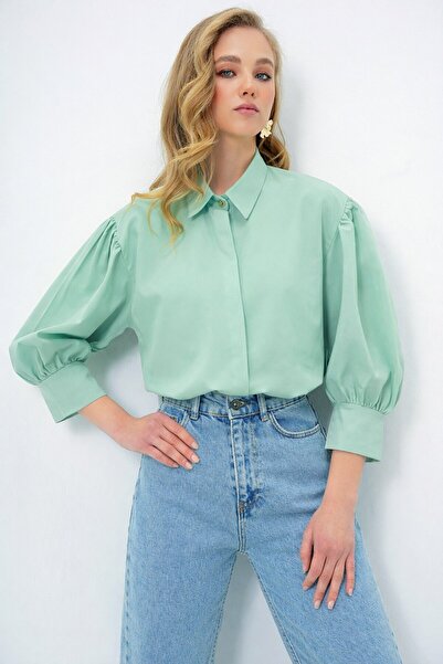 Trend Alaçatı Stili Women's Mint Green Balloon Sleeve Patterned Printed Visco...