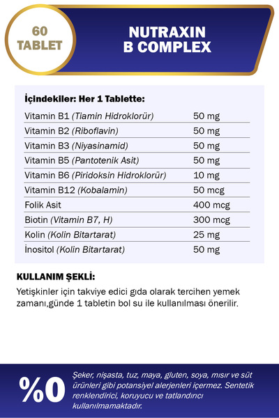 Nutraxin B Vitamin Complex 60 Tablet | 10 B Vitamini İçeren Güçlü Formül
