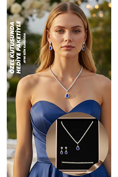 BEREN KILIÇ مجموعة مجوهرات من حجر الكريستال الأزرق الوردي، قلادة وأقراط وسوار...